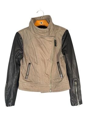 Mackage Green Black Moto Jacket Lamb Leather Sleeves Fitted S